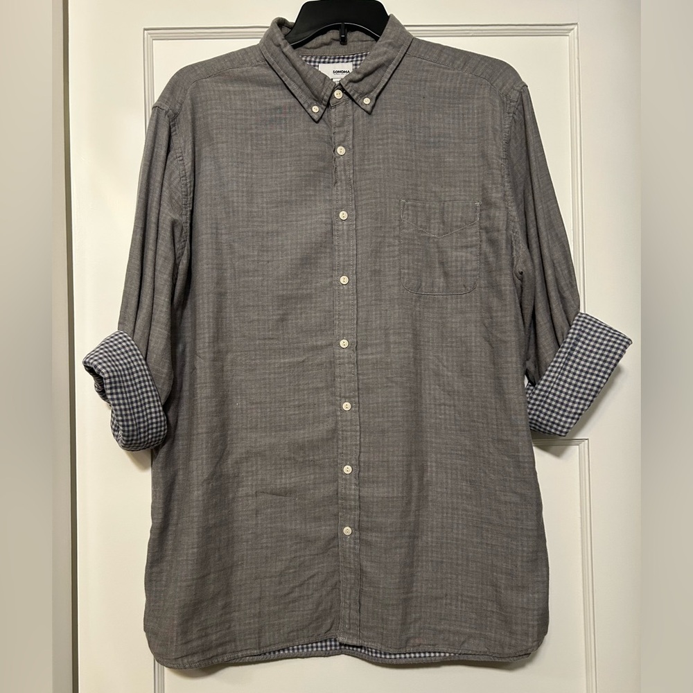 Sonoma XXL Grey Long Sleeve Button Down Shirt W/Blue & White Check Detail